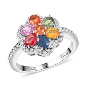 D'Joy Premium Multi Sapphire and White Zircon 2.00 ctw Floral Ring in Rhodium Over Sterling Silver (Size 10.0)