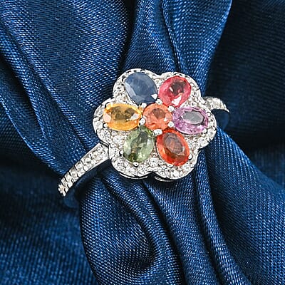 D'Joy Premium Multi Sapphire and White Zircon 2.00 ctw Floral Ring in Rhodium Over Sterling Silver (Size 10.0)