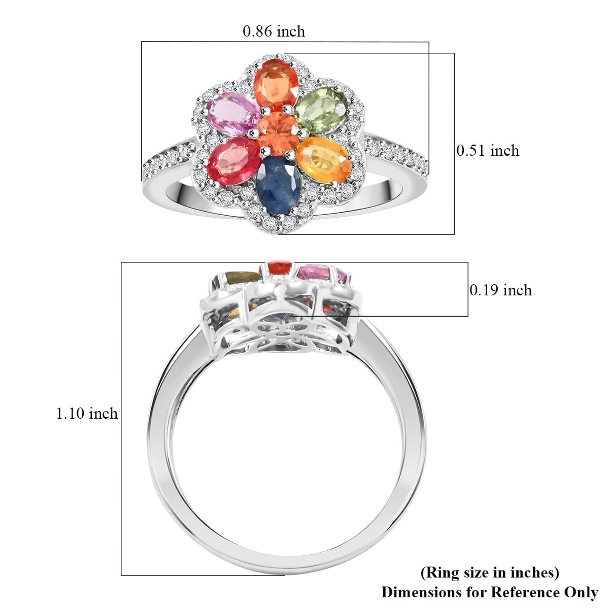 D'Joy Premium Multi Sapphire and White Zircon 2.00 ctw Floral Ring in Rhodium Over Sterling Silver (Size 6.0) image number 5