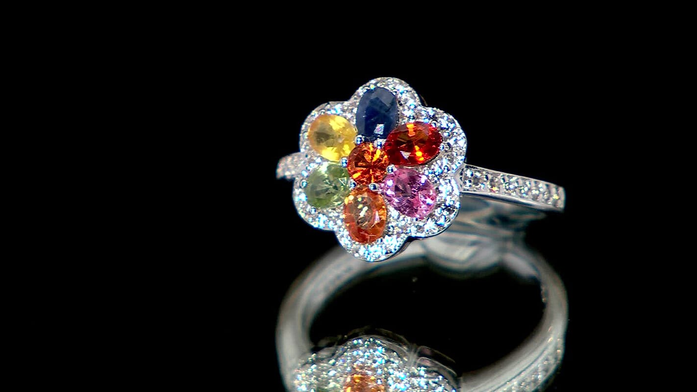 Premium Multi Sapphire, White Zircon Floral Ring in Rhodium Over Sterling Silver (Size 10.0) 2.00 ctw