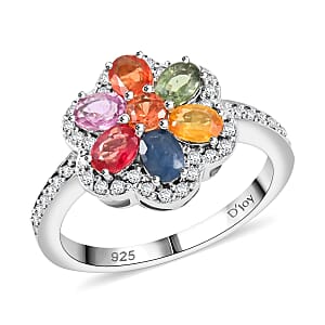 D'Joy Premium Multi Sapphire and White Zircon 2.00 ctw Floral Ring in Rhodium Over Sterling Silver (Size 9.0)