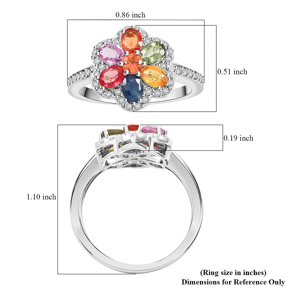 D'Joy Premium Multi Sapphire and White Zircon 2.00 ctw Floral Ring in Rhodium Over Sterling Silver (Size 9.0) image number 5