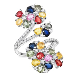 Premium Multi Sapphire and White Zircon 4.90 ctw Twin Blossoms Ring in Rhodium Over Sterling Silver (Size 10.0)