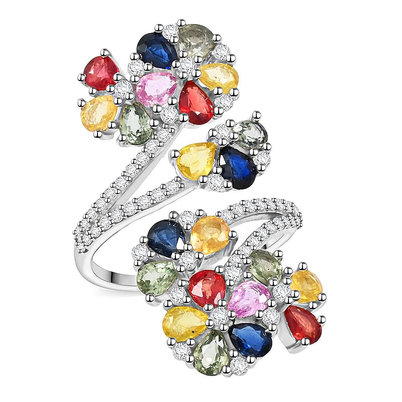 Premium Multi Sapphire and White Zircon 4.90 ctw Twin Blossoms Ring in Rhodium Over Sterling Silver (Size 10.0)