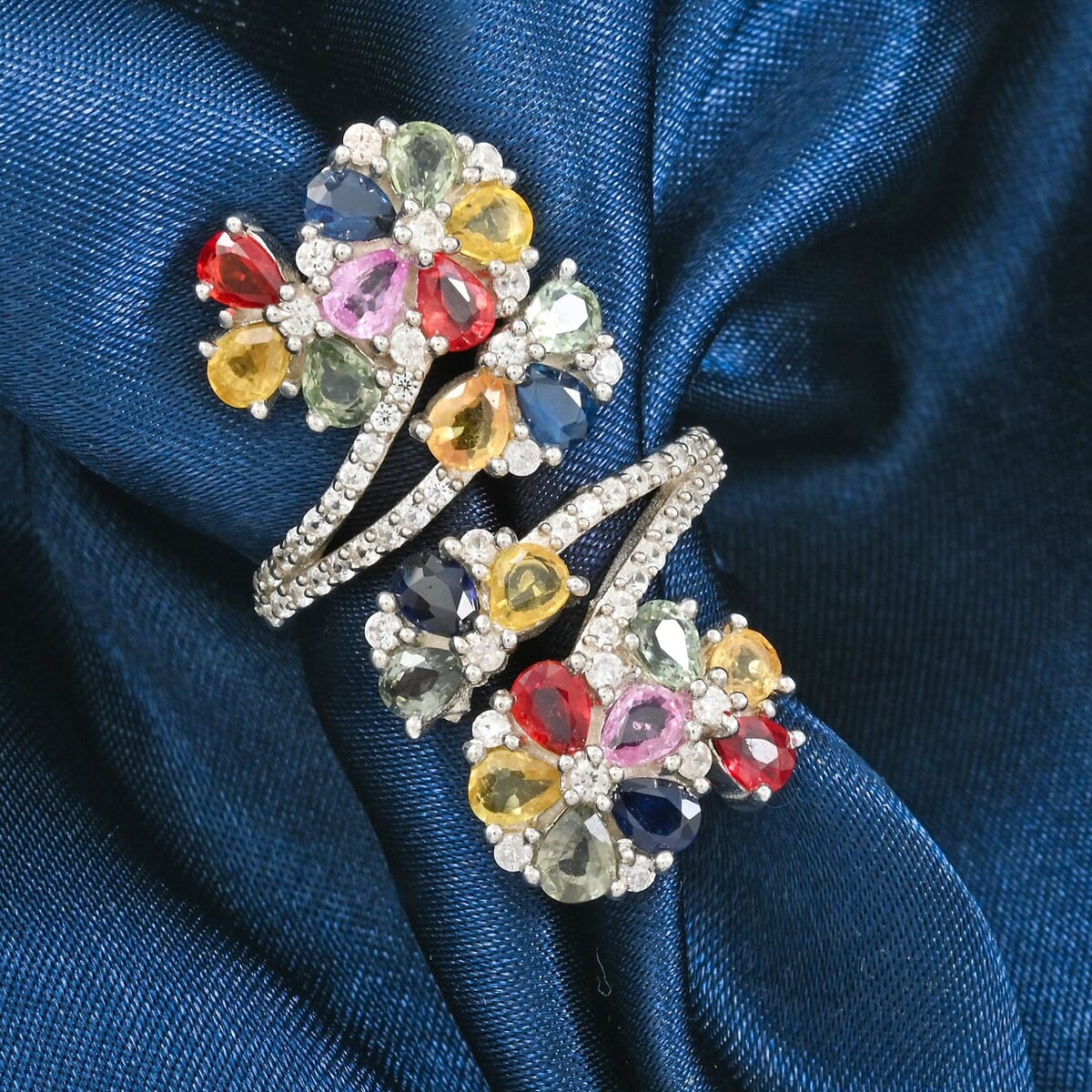 Premium Multi Sapphire and White Zircon 4.90 ctw Twin Blossoms Ring in Rhodium Over Sterling Silver (Size 10.0) image number 1