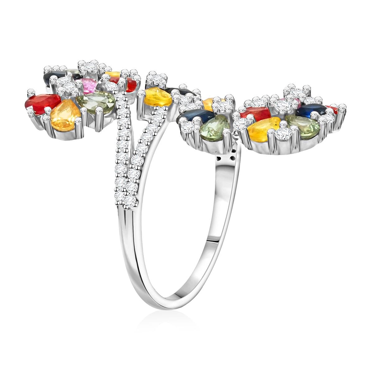 Premium Multi Sapphire and White Zircon 4.90 ctw Twin Blossoms Ring in Rhodium Over Sterling Silver (Size 10.0) image number 3