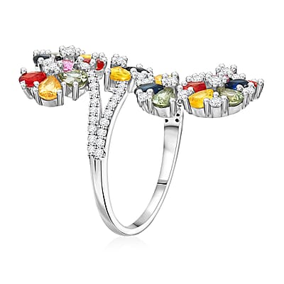 Premium Multi Sapphire and White Zircon 4.90 ctw Twin Blossoms Ring in Rhodium Over Sterling Silver (Size 10.0)