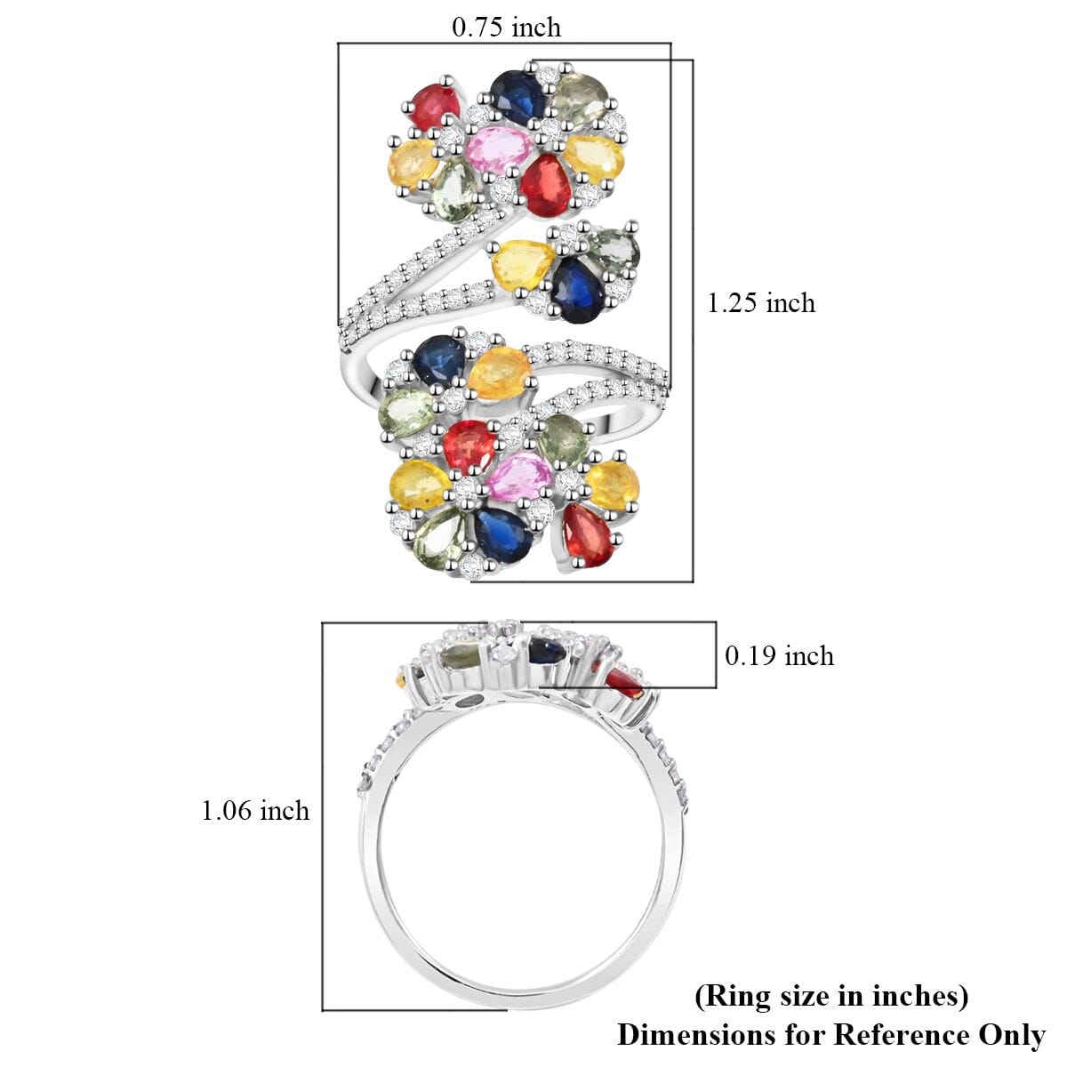 Premium Multi Sapphire and White Zircon 4.90 ctw Twin Blossoms Ring in Rhodium Over Sterling Silver (Size 10.0) image number 4