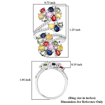 Premium Multi Sapphire and White Zircon 4.90 ctw Twin Blossoms Ring in Rhodium Over Sterling Silver (Size 10.0)