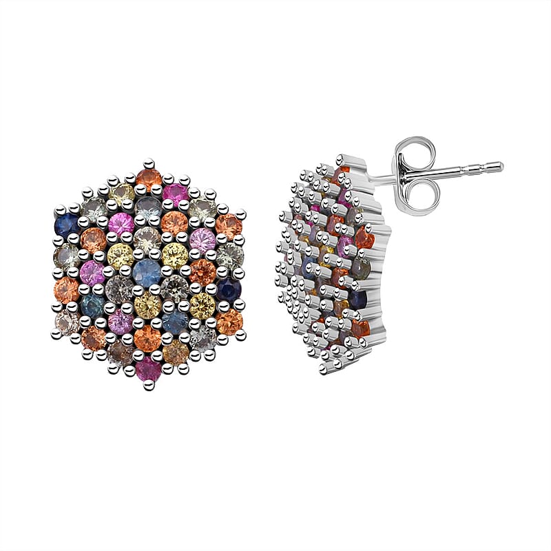 Premium Multi Sapphire 2.50 ctw Jewel Garden Earrings in Rhodium Over Sterling Silver 