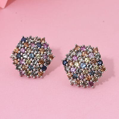 Premium Multi Sapphire 2.50 ctw Jewel Garden Earrings in Rhodium Over Sterling Silver 