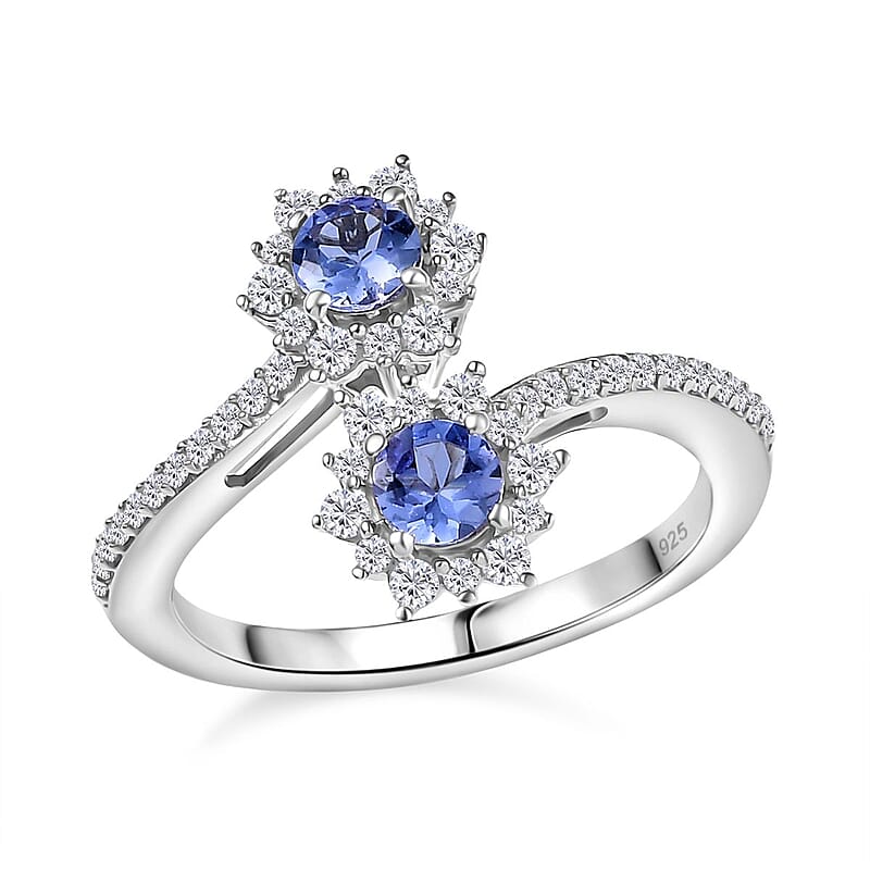 Tanzanite and White Zircon 1.21 ctw Ring in Rhodium Over Sterling Silver (Size 11.5)