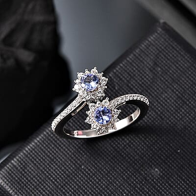 Tanzanite and White Zircon 1.21 ctw Ring in Rhodium Over Sterling Silver (Size 11.5)