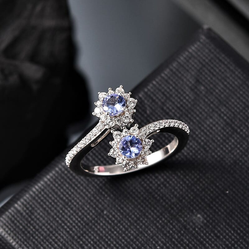 Tanzanite and White Zircon 1.21 ctw Ring in Rhodium Over Sterling Silver (Size 11.5)