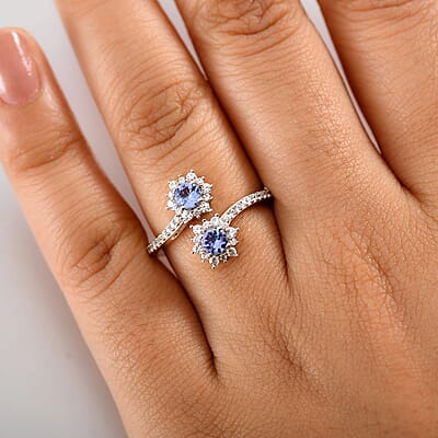 Tanzanite and White Zircon 1.21 ctw Ring in Rhodium Over Sterling Silver (Size 11.5)