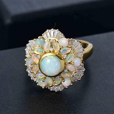 Ethiopian Welo Opal and Moissanite 3.12 ctw Ring in Vermeil Yellow Gold Over Sterling Silver (Size 9)