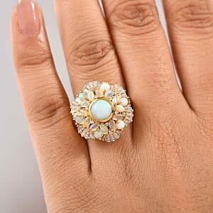 Ethiopian Welo Opal and Moissanite 3.12 ctw Ring in Vermeil Yellow Gold Over Sterling Silver (Size 9)