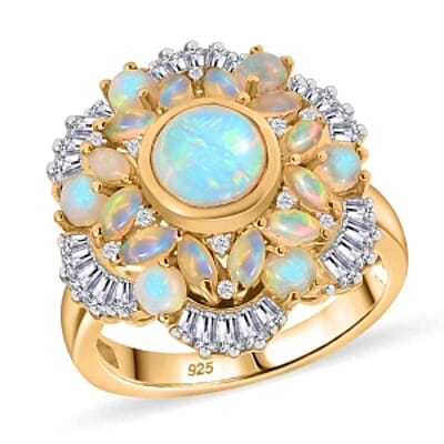 Ethiopian Welo Opal and Moissanite 3.12 ctw Ring in Vermeil Yellow Gold Over Sterling Silver (Size 9)