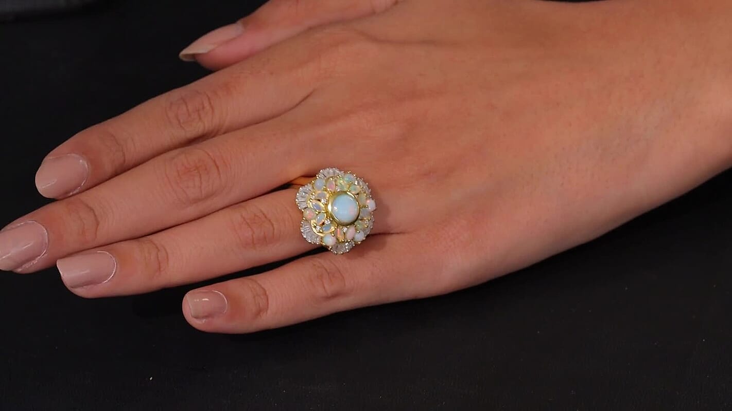 Ethiopian Welo Opal and Moissanite 5.83 ctw Ring in 18K Vermeil Yellow Gold Over Sterling Silver (Size 11.5) (6.88 g)