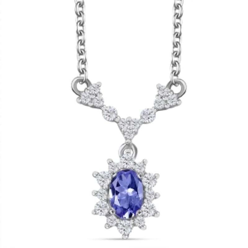 Tanzanite and White Zircon Fancy 1.03 ctw Necklace in Rhodium Over Sterling Silver 18 Inches