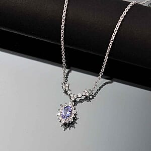 Tanzanite and White Zircon Fancy 1.03 ctw Necklace in Rhodium Over Sterling Silver 18 Inches