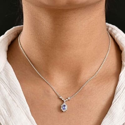Tanzanite and White Zircon Fancy 1.03 ctw Necklace in Rhodium Over Sterling Silver 18 Inches