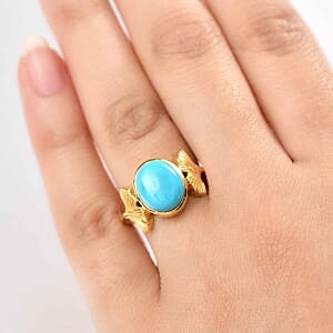 Sleeping Beauty Turquoise and Kanchanaburi Blue Sapphire 2.77 ctw Ring in Vermeil Yellow Gold Over Sterling Silver (Size 10)