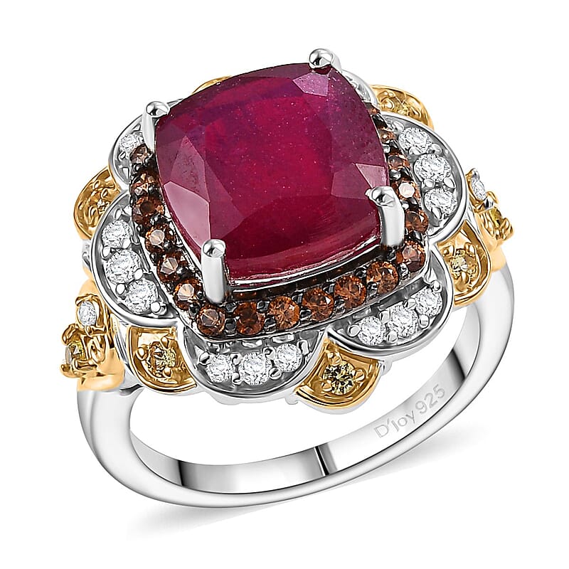 D'Joy Niassa Ruby (FF) and Multi Gemstone 7.80 ctw Regal Bloom Ring in 18K Vermeil YG and Rhodium Over Sterling Silver (Size 10.0)