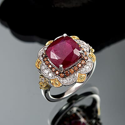 D'Joy Niassa Ruby (FF) and Multi Gemstone 7.80 ctw Regal Bloom Ring in 18K Vermeil YG and Rhodium Over Sterling Silver (Size 10.0)