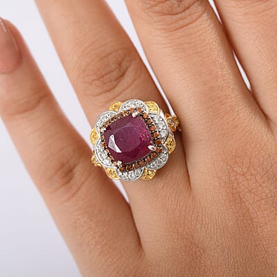 D'Joy Niassa Ruby (FF) and Multi Gemstone 7.80 ctw Regal Bloom Ring in 18K Vermeil YG and Rhodium Over Sterling Silver (Size 10.0)
