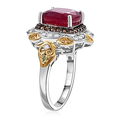 D'Joy Niassa Ruby (FF) and Multi Gemstone 7.80 ctw Regal Bloom Ring in 18K Vermeil YG and Rhodium Over Sterling Silver (Size 10.0)