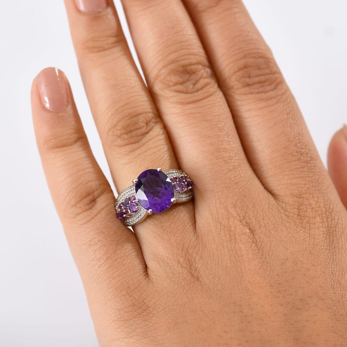 Karis African Amethyst and Multi Gemstone 5.35 ctw Blooming Ring in Platinum Bond (Size 10.0) image number 2