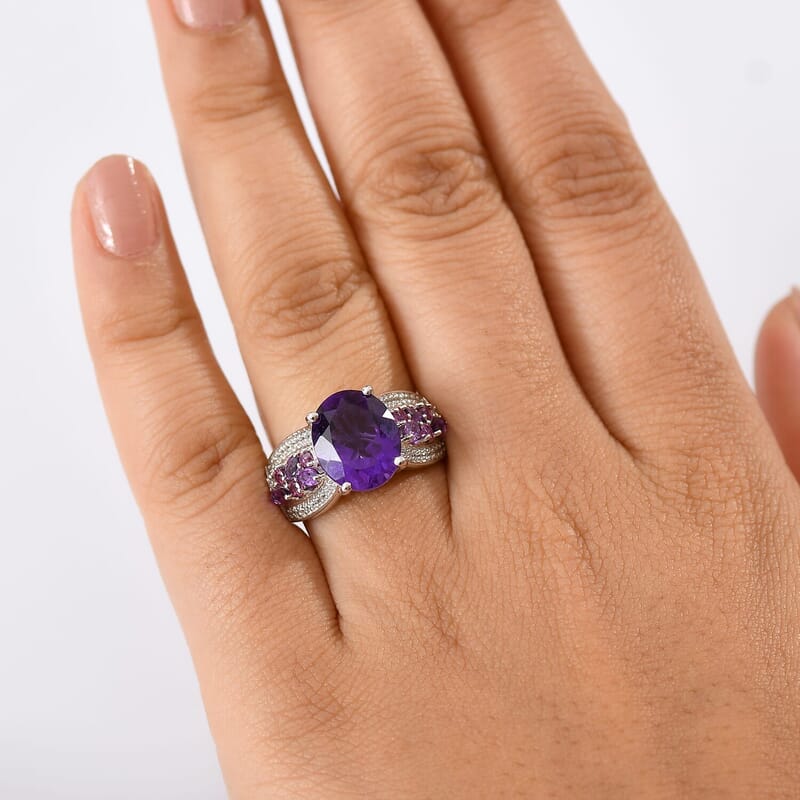 Karis African Amethyst and Multi Gemstone 5.35 ctw Blooming Ring in Platinum Bond (Size 10.0)