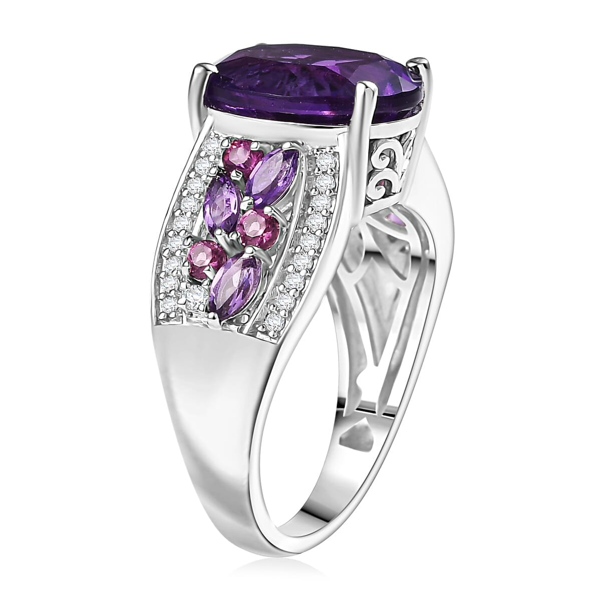 Karis African Amethyst and Multi Gemstone 5.35 ctw Blooming Ring in Platinum Bond (Size 10.0) image number 3