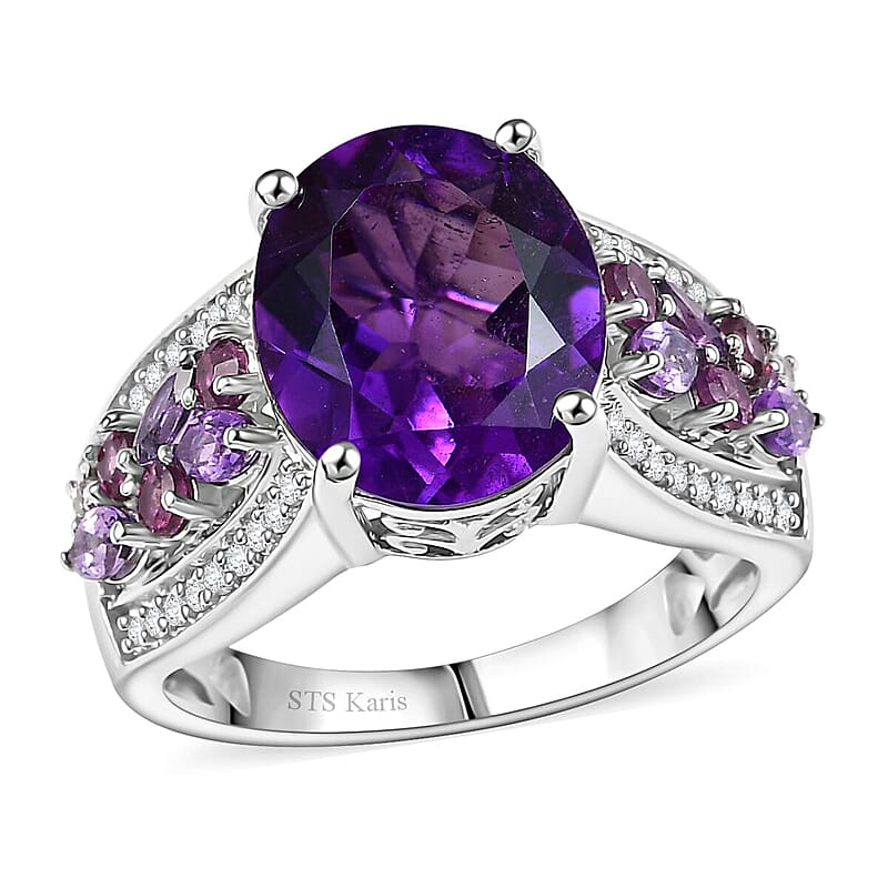 Karis African Amethyst and Multi Gemstone 5.35 ctw Blooming Ring in Platinum Bond (Size 11.0)