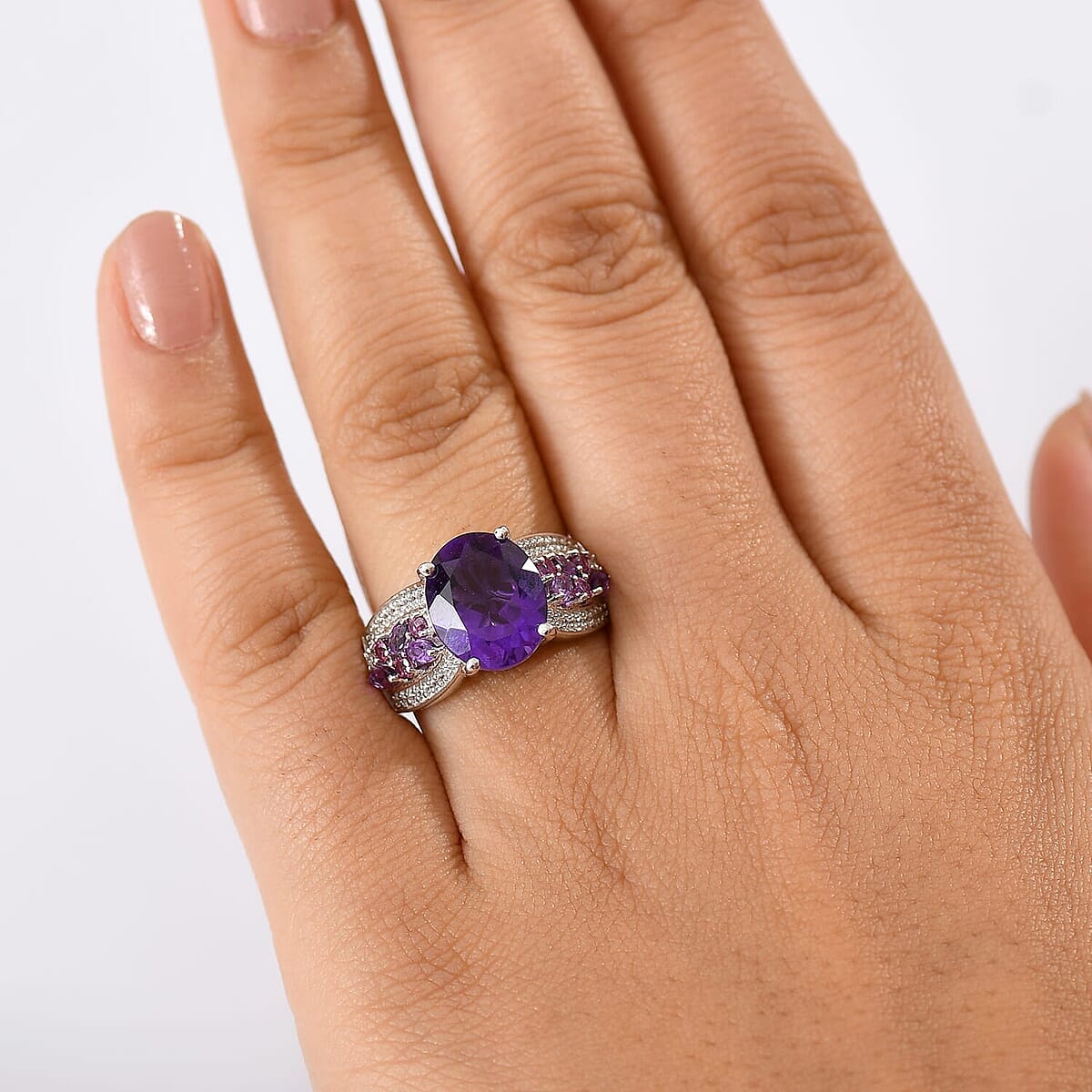 Karis African Amethyst and Multi Gemstone 5.35 ctw Blooming Ring in Platinum Bond (Size 11.0) image number 2