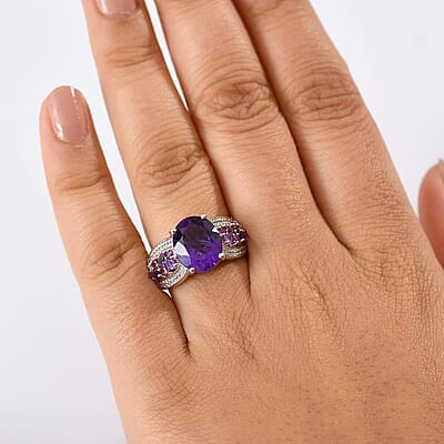 Karis African Amethyst and Multi Gemstone 5.35 ctw Blooming Ring in Platinum Bond (Size 11.0)