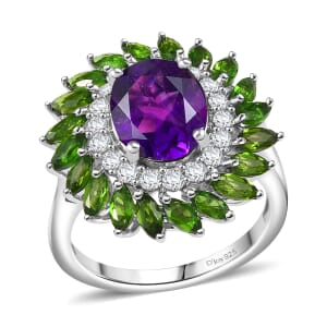 D'Joy African Amethyst and Multi Gemstone 4.80 ctw Floral Ring in Platinum Over Sterling Silver (Size 10.0) 