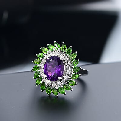 D'Joy African Amethyst and Multi Gemstone 4.80 ctw Floral Ring in Platinum Over Sterling Silver (Size 10.0) 
