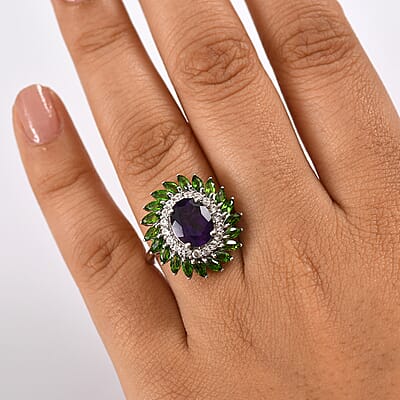D'Joy African Amethyst and Multi Gemstone 4.80 ctw Floral Ring in Platinum Over Sterling Silver (Size 10.0) 