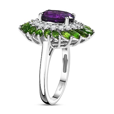 D'Joy African Amethyst and Multi Gemstone 4.80 ctw Floral Ring in Platinum Over Sterling Silver (Size 10.0) 