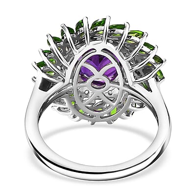 D'Joy African Amethyst and Multi Gemstone 4.80 ctw Floral Ring in Platinum Over Sterling Silver (Size 10.0) 