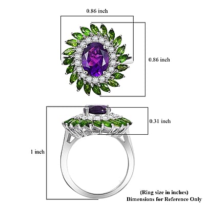 D'Joy African Amethyst and Multi Gemstone 4.80 ctw Floral Ring in Platinum Over Sterling Silver (Size 10.0) 