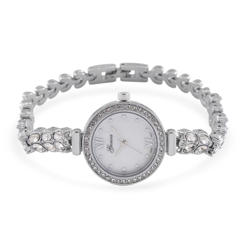 Genoa Austrian Crystal Japanese Movement MOP Dail Watch in Silvertone
