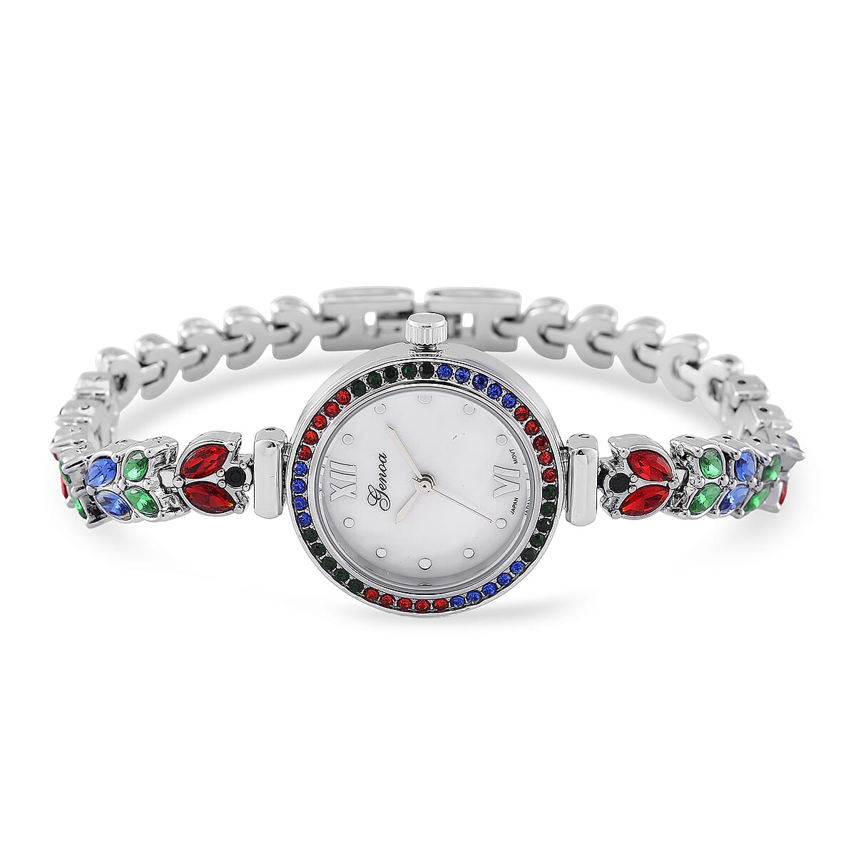 Genoa Multi Color Austrian Crystal Japanese Movement MOP Dail Watch in Silvertone image number 0