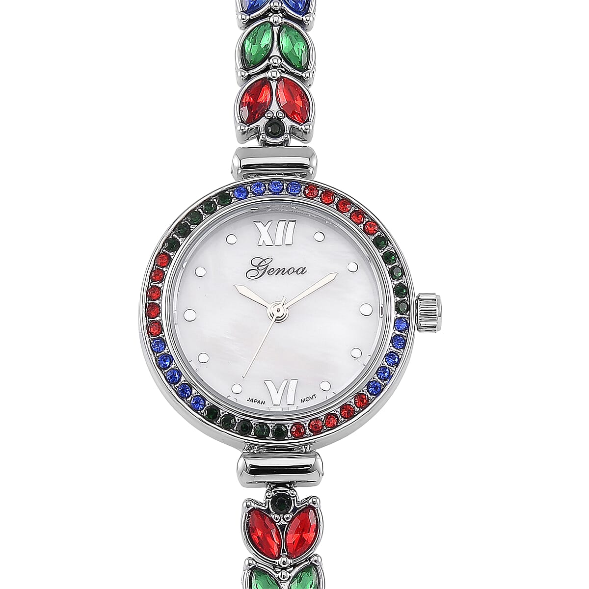 Genoa Multi Color Austrian Crystal Japanese Movement MOP Dail Watch in Silvertone image number 2