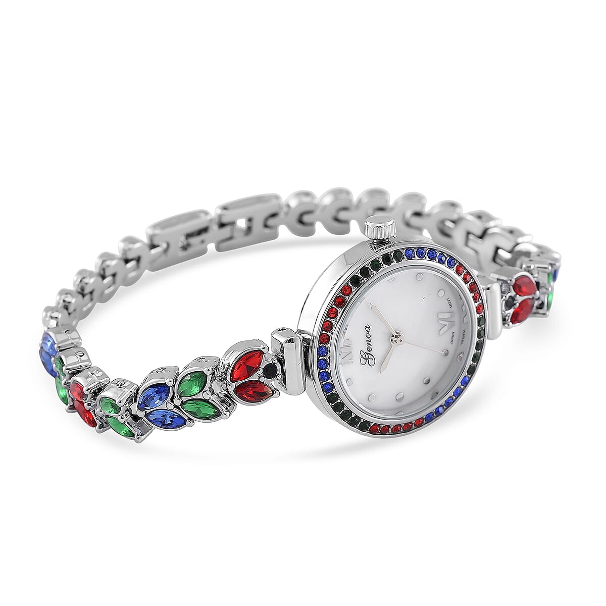 Genoa Multi Color Austrian Crystal Japanese Movement MOP Dail Watch in Silvertone image number 3