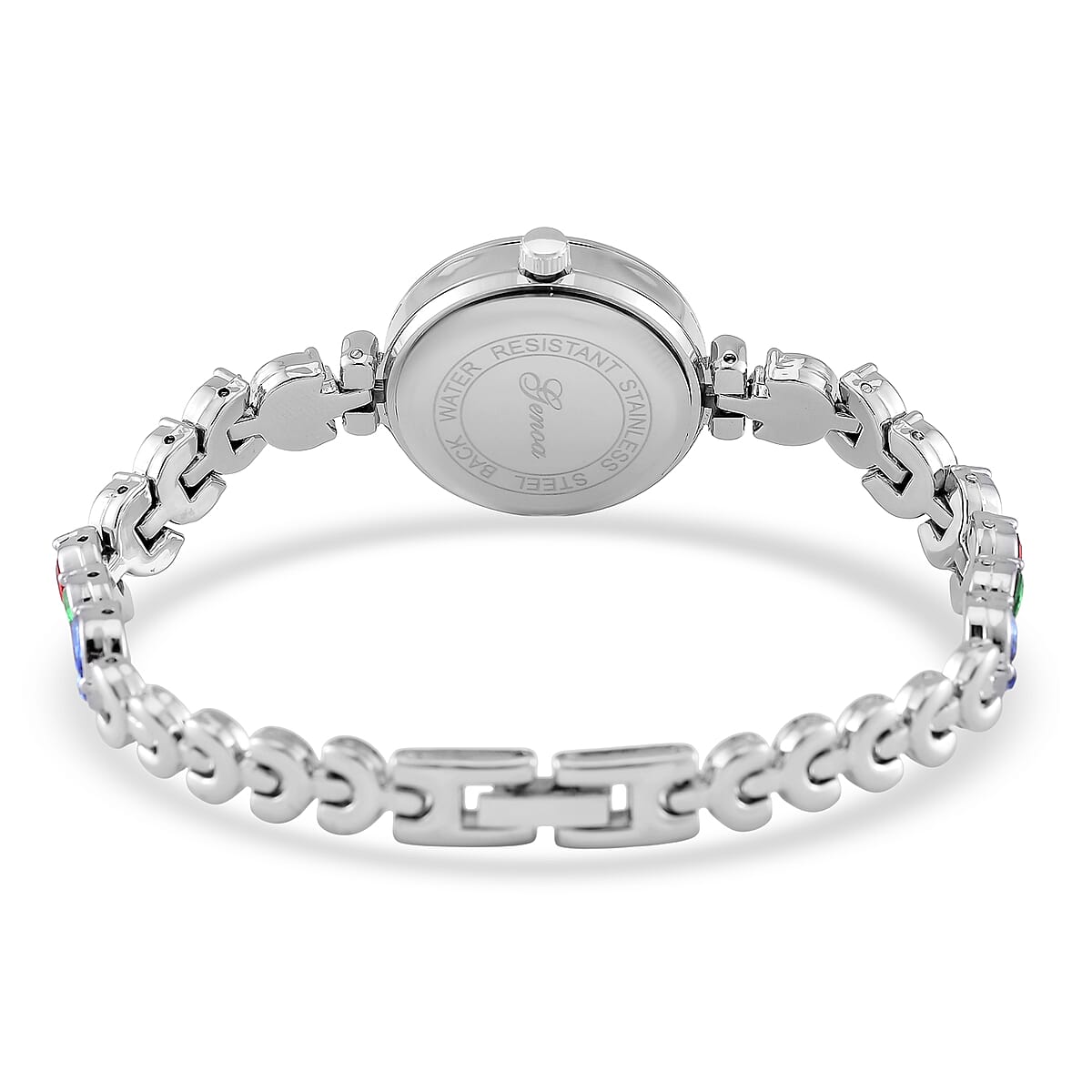 Genoa Multi Color Austrian Crystal Japanese Movement MOP Dail Watch in Silvertone image number 4