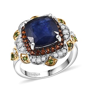 D'Joy Masoala Sapphire (D) and Multi Gemstone 7.60 ctw Regal Bloom Ring in 18K Vermeil YG and Rhodium Over Sterling Silver (Size 5.0)