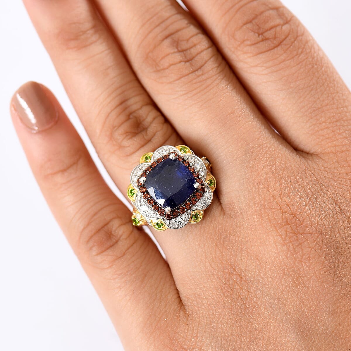 D'Joy Masoala Sapphire (D) and Multi Gemstone 7.60 ctw Regal Bloom Ring in 18K Vermeil YG and Rhodium Over Sterling Silver (Size 6.0) image number 2